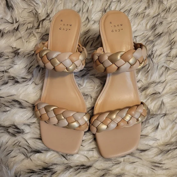 New (NWOT) A New Day Braided Beige Neutral Colored Basil Heeled Sandals - Picture 4 of 10